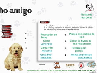 Dedicamos las 24 horas al día al cuidado de sus mascotas-Línea única 234-56-78Línea única 234-56-78
Afiliado a:Afiliado a:
Mi Pequeño Amigo cuenta con productos de las marcas más reconocidas
en el cuidado y la diversión de mascotas, ofrecemos artículos de calidad
que dan felicidad y cuidan de la salud de tus animales
 