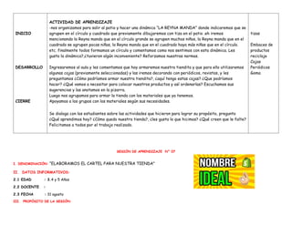 INICIO
DESARROLLO
CIERRE
ACTIVIDAD DE APRENDIZAJE
-nos organizamos para salir al patio y hacer una dinámica “LA REYNA MANDA” donde indicaremos que se
agrupen en el círculo y cuadrado que previamente dibujaremos con tiza en el patio .eh iremos
mencionando la Reyna manda que en el círculo grande se agrupen muchos niños, la Reyna manda que en el
cuadrado se agrupen pocas niñas, la Reyna manda que en el cuadrado haya más niñas que en el círculo.
etc. finalmente todos formamos un círculo y comentamos como nos sentimos con esta dinámica. Les
gusto la dinámica?,¿tuvieron algún inconveniente? Reforzamos nuestras normas.
Ingresaremos al aula y les comentamos que hoy armaremos nuestra tiendita y que para ello utilizaremos
algunas cajas (previamente seleccionadas) y las iremos decorando con periódicos, revistas, y les
preguntamos ¿Cómo podríamos armar nuestra tiendita?, ¿aquí tengo estas cajas? ¿Que podríamos
hacer? ¿Qué vamos a necesitar para colocar nuestros productos y así ordenarlas? Escuchamos sus
sugerencias y las anotamos en la pizarra.
Luego nos agrupamos para armar la tienda con los materiales que ya tenemos.
Apoyamos a los grupos con los materiales según sus necesidades.
Se dialoga con los estudiantes sobre las actividades que hicieron para lograr su propósito, pregunto
¿Qué aprendimos hoy? ¿Cómo quedo nuestra tienda?, ¿les gusta lo que hicimos? ¿Qué creen que le falte?
Felicitamos a todos por el trabajo realizado.
tizas
Embaces de
productos
reciclaje
Cajas
Periódicos
Goma
SESIÓN DE APRENDIZAJE N° 07
I. DENOMINACIÓN: “ELABORAMOS EL CARTEL PARA NUESTRA TIENDA”
II. DATOS INFORMATIVOS:
2.1 EDAD : 3.4 y 5 Años
2.2 DOCENTE :
2.3 FECHA : 31 agosto
III. PROPÓSITO DE LA SESIÓN:
 