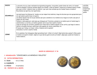 INICIO
DESARROLLO
CIERRE
La docente inicia su clase realizando las siguientes preguntas: ¿recuerdan cuando fuimos de visita a la tienda?,
¿cómo se llamaba? ¿Conocen ustedes alguna otra tienda?, ¿cómo se llaman?, ¿nosotros ya tenemos nuestra tienda
pero que le falta?, ¿debería tener un nombre?, ¿por qué creen ustedes que las tiendas tienen un nombre?
Escuchamos sus aportes y las registramos.
Les mostramos tres láminas de tiendas con sus respectivos nombres y luego les decimos que nos agruparemos para
ver qué nombre podría llevar el nuestro.
Les damos algunos tips de los que solemos usar para considerar en un nombre de un negocio en este caso para el
nombre de una tienda.
Pedimos a cada equipo por cada mesa que dialoguen por 5 minutos y piensen en un nombre para la tienda luego lo
someteremos a un sorteo y el nombre ganador será el que lleve nuestra tiendita.
Luego se entrega una cartulina y pedimos que transcriban el nombre elegido en ese cartel y que luego lo vamos a
decorar utilizando diversos, materiales como papeles de colores, plastilinas, etc.
El equipo que trabaje con mayor orden y limpieza será el ganador.
Colocamos el cartel a nuestra tienda.
En la asamblea final dialogamos ¿Qué aprendimos hoy?, ¿Cómo lo hicimos? ¿Qué materiales usamos? ¿Cómo quedo
el nombre de nuestra tienda?, ¿Qué es lo que más les gusto de esta actividad?, ¿Qué pasa cuando las tiendas no
tienen nombre?,
cartulina
plumones
serpentinas
temperas
gomas
SESIÓN DE APRENDIZAJE N° 08
I. DENOMINACIÓN: “CONOZCAMOS LAS MONEDAS Y BILLETES”
II. DATOS INFORMATIVOS:
2.1 EDAD : 3,4 y 5 Años
2.2 DOCENTE :
2.3 FECHA : 01 setiembre
III. PROPÓSITO DE LA SESIÓN:
 