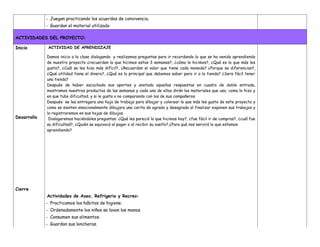 - Juegan practicando los acuerdos de convivencia.
- Guardan el material utilizado
ACTIVIDADES DEL PROYECTO:
Inicio
Desarrollo
ACTIVIDAD DE APRENDIZAJE
Damos inicio a la clase dialogando y realizamos preguntas para ir recordando lo que se ha venido aprendiendo
de nuestro proyecto ¿recuerdan lo que hicimos estas 3 semanas?, ¿cómo lo hicimos?, ¿Qué es lo que más les
gusto?, ¿Cuál se les hizo más difícil?, ¿Recuerdan el valor que tiene cada moneda? ¿Porque se diferencian?,
¿Qué utilidad tiene el dinero?, ¿Qué es lo principal que debemos saber para ir a la tienda? ¿Sera fácil tener
una tienda?
Después de haber escuchado sus aportes y anotado aquellas respuestas en cuadro de doble entrada,
mostramos nuestros productos de las semanas y cada uno de ellos dirán los materiales que uso, como lo hizo y
en que tubo dificultad, y si le gusta o no comparando con los de sus compañeros
Después se les entregara una hoja de trabajo para dibujar y colorear lo que más les gusto de este proyecto y
como se sienten emocionalmente dibujara una carita de agrado y desagrado al finalizar exponen sus trabajos y
lo registraremos en sus hojas de dibujos.
Dialogaremos haciéndoles preguntas: ¿Qué les pareció lo que hicimos hoy?, ¿fue fácil ir de compras?, ¿cuál fue
su dificultad?, ¿Quién se equivocó al pagar o al recibir su vuelto?,¿Para qué nos servirá lo que estamos
aprendiendo?
Cierre
Actividades de Aseo, Refrigerio y Recreo:
- Practicamos los hábitos de higiene.
- Ordenadamente los niños se lavan las manos.
- Consumen sus alimentos.
- Guardan sus loncheras.
 