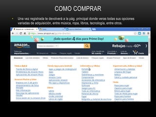 COMO COMPRAR
• Una vez registrada te devolverá a la pág. principal donde veras todas sus opciones
variadas de adquisición, entre música, ropa, libros, tecnología, entre otros.
 