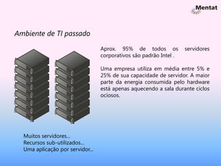 Ambiente de TI passado
                                  Aprox. 95% de todos os            servidores
                                  corporativos são padrão Intel .

                                  Uma empresa utiliza em média entre 5% e
                                  25% de sua capacidade de servidor. A maior
                                  parte da energia consumida pelo hardware
                                  está apenas aquecendo a sala durante ciclos
                                  ociosos.




  Muitos servidores...
  Recursos sub-utilizados...
  Uma aplicação por servidor...
 