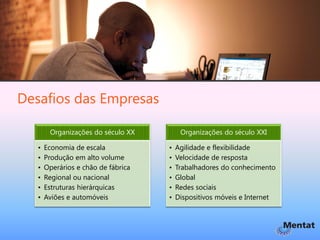 Desafios das Empresas

        Organizações do século XX         Organizações do século XXI

   •   Economia de escala            •   Agilidade e flexibilidade
   •   Produção em alto volume       •   Velocidade de resposta
   •   Operários e chão de fábrica   •   Trabalhadores do conhecimento
   •   Regional ou nacional          •   Global
   •   Estruturas hierárquicas       •   Redes sociais
   •   Aviões e automóveis           •   Dispositivos móveis e Internet
 