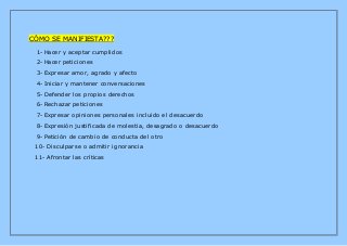 CÓMO SE MANIFIESTA???
1- Hacer y aceptar cumplidos
2- Hacer peticiones
3- Expresar amor, agrado y afecto
4- Iniciar y mantener conversaciones
5- Defender los propios derechos
6- Rechazar peticiones
7- Expresar opiniones personales incluido el desacuerdo
8- Expresión justificada de molestia, desagrado o desacuerdo
9- Petición de cambio de conducta del otro
10- Disculparse o admitir ignorancia
11- Afrontar las críticas
 