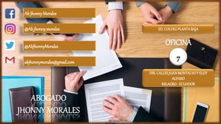OFICINA
7
DIR.CALLESJUANMONTALVOY ELOY
ALFARO
MILAGRO- ECUADOR
Ab JhonnyMorales
@Ab_jhonny_morales
@AbJhonnyMorales
abjhonnymorales@gmail.com
ED.COLVEGPLANTABAJA