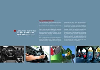 Te gustará conducir
                       Tres cuartas partes de los materiales utilizados       distancias con menor gasto de combustible e
                       en la fabricación de automóviles y otros vehículos     impacto ambiental. A estos materiales la química
                       de transporte, son productos químicos.                 les proporciona también antioxidantes, agentes
                                                                              antidesgaste, inhibidores de corrosión y estabili-
                       Desde los combustibles, lubricantes y aditivos al      zantes al calor. Los sistemas de climatización se
                       caucho de los neumáticos, de la pintura metalizada     basan en líquidos refrigerantes creados por la
La Química mueve más   a los materiales cerámicos, o de la fibra de carbono   química como son los hidrofluorocarburos. La

de 800 millones de     a los múltiples polímeros y composites que los
                       hacen más ligeros, eficientes, duraderos, ecoló-
                                                                              excesiva rigidez de los asientos y su incomodidad
                                                                              se acabaron con la aplicación de espumas de
vehículos cada día.    gicos, silenciosos y cómodos.                          poliuretano –también utilizadas como aislamiento
                                                                              térmico y acústico-, los faros se fabrican con
                       Más de 200 millones de toneladas de plástico           policarbonato, y la química también fabrica las
                       circulan en los automóviles actuales sustituyendo      fibras sintéticas que recubren los asientos, mejo-
                       materiales pesados y permitiendo recorrer iguales      rando su resistencia y durabilidad.




                                                                                                                                   PÁG 23
 