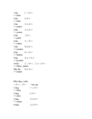 1 lần
=> ikkai

いっかい

2 lần
=> nikai

にかい

3 lần
=> sankai

さんかい

4 lần
=> yonkai

よんかい

5 lần
=> gokai

ごかい

6 lần
=> rokkai

ろっかい

7 lần
ななかい
=> nanakai
8 lần
はっかい
=> Hakkai
9 lần
きゅうかい
=> kyuukai
10 lần
じっかい、じゅっかい
=> Jikkai , jukkai
Mấy lần
=> nankai

なんかい

Đếm tầng ( nhà)
～かい、がい

～kai, gai

1 tầng
=> ikkai

いっかい

2 tầng
=> nikai

にかい

3 tầng
=> sangai

さんがい

4 tầng

よんかい

 