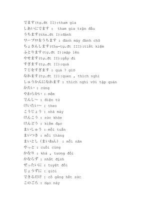 でます(tự.đt II):tham gia
しあいにでます :

tham gia trận đấu

うちます(tha.đt I):đánh
ワープロをうちます : đánh máy đánh chữ
ちょきんします(tha-tự.đt III):tiết kiệm
ふとります(tự.đt I):mập lên
やせます(tự.đt II):gầy đi
すぎます(tự.đt II):quá
７じをすぎます : quá 7 giờ
なれます(tự.đt II):quen , thích nghi
しゅうかんになれます : thích nghi với tập quán
かたい : cứng
やわらかい : mềm
でんし～ : điện tử
けいたい～ : theo
こうじょう : nhà máy
けんこう : sức khỏe
けんどう : kiếm đạo
まいしゅう : mỗi tuần
まいつき : mỗi tháng
まいとし（まいねん） : mỗi năm
やっと : cuối cùng
かなり : khá , tương đối
かならず : nhất định
ぜったいに : tuyệt đối
じょうずに : giỏi
できるだけ : cố gắng hết sức
このごろ : dạo này

 