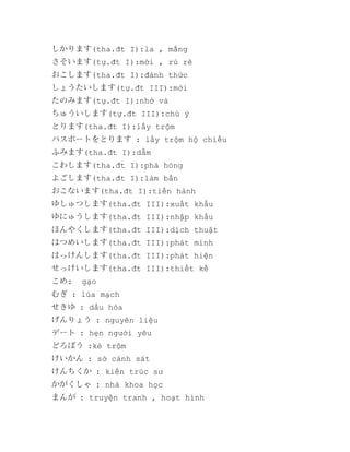 しかります(tha.đt I):la , mắng
さそいます(tự.đt I):mời , rủ rê
おこします(tha.đt I):đánh thức
しょうたいします(tự.đt III):mời
たのみます(tự.đt I):nhờ vả
ちゅういします(tự.đt III):chú ý
とります(tha.đt I):lấy trộm
パスポートをとります : lấy trộm hộ chiếu
ふみます(tha.đt I):dẫm
こわします(tha.đt I):phá hỏng
よごします(tha.đt I):làm bẩn
おこないます(tha.đt I):tiến hành
ゆしゅつします(tha.đt III):xuất khẩu
ゆにゅうします(tha.đt III):nhập khẩu
ほんやくします(tha.đt III):dịch thuật
はつめいします(tha.đt III):phát minh
はっけんします(tha.đt III):phát hiện
せっけいします(tha.đt III):thiết kế
こめ:

gạo

むぎ : lúa mạch
せきゆ : dầu hỏa
げんりょう : nguyên liệu
デート : hẹn người yêu
どろぼう :kẻ trộm
けいかん : sở cảnh sát
けんちくか : kiến trúc sư
かがくしゃ : nhà khoa học
まんが : truyện tranh , hoạt hình

 