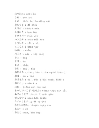 はつおん: phát âm
さる : con khỉ
えさ : thức ăn cho động vật
おもちゃ : đồ chơi
えほん : sách tranh
えはがき : bưu ảnh
ドライバー :tua vít
ハンカチ : khăn mùi xoa
くつした : tất , vớ
てぶくろ : găng tay
ゆびわ : nhẫn
バッグ : cặp , túi sách
そふ : ông
そぼ : bà
まご : cháu
おじ : chú , bác
おじさん : chú , bác ( của người khác )
おば : cô , bác
おばさん : cô , bác ( của người khác )
おととし : năm kia
はあ : tiếng anh reo (A)
もうしわけございません: thành thật xin lỗi
あずかります(tha.đt I):cất giữ
せんじつ : ngày hôm trước
たすかります(tự.đt I):quá
むかしばなし: chuyện ngày xưa
ある～ : có
おとこ :nam, đàn ông

 