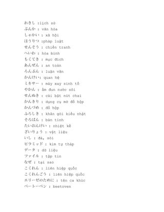 れきし :lịch sử
ぶんか : văn hóa
しゃかい : xã hội
ほうりつ :pháp luật
せんそう : chiến tranh
へいわ : hòa bình
もくてき : mục đích
あんぜん : an toàn
ろんぶん : luận văn
かんけい: quan hệ
ミキサー : máy xay sinh tố
やかん : ấm đun nước sôi
せんぬき : cái bật nút chai
かんきり : dụng cụ mở đồ hộp
かんづめ : đồ hộp
ふろしき : khăn gói kiểu nhật
そろばん : bàn tính
たいおんけい : nhiệt kế
ざいりょう : vật liệu
いし : đá, sỏi
ピラミッド : kim tự tháp
データ : dữ liệu
ファイル : tập tin
なぜ : tại sao
こくれん : liên hiệp quốc
こくれんごう : liên hiệp quốc
エリーゼのために : tên ca khúc
ベートーベン : beetoven

 