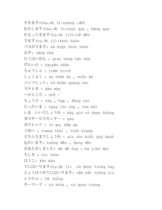 やきます(tha.đt I):nướng ,đốt
わたします(tha.đt I):vượt qua , băng qua
かえってきます(tự.đt III):về đến
でます(tự.đt II):khởi hành
バスがでます: xe buýt khởi hành
るす: vắng nhà
たくはいびん : giao hàng tận nhà
げんいん : nguyên nhân
ちゅうしゃ : tiêm trích
しょくよく : sự thèm ăn , muốn ăn
パンフレット: tờ bướn quảng cáo
ステレオ : dàn máy
～のところ : chỗ ~
ちょうど : vừa , hợp , đúng lúc
たったいま : ngay lúc này , vừa mới
いま　いいでしょうか : bây giờ có được không
ガスサービスセンター : gas
ガスレンジ : lò ga, bếp ga
ぐあい : trạng thái , tình trạng
どちらさまでしょうか : xin cho biết quý danh
むかいます: hướng đến , đang đến
おまたせしました: đã để ông ( bà )chờ đợi
ちしき : tri thức
ほうこ: kho báu
てにはいります(tự.đt I):

có được trong tay

じょうほうがてにはいります: nắm bắt thông tin
システム : hệ thống
キーワード : từ khóa , từ quan trọng

 