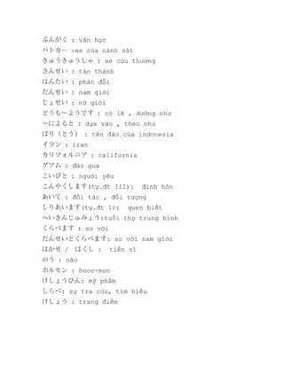 ぶんがく : văn học
パトカー :xe của cảnh sát
きゅうきゅうしゃ : xe cứu thương
さんせい : tán thành
はんたい : phản đối
だんせい : nam giới
じょせい : nữ giới
どうも～ようです : có lẽ , dường như
～によると : dựa vào , theo như
ばり（とう） : tên đảo của indonesia
イラン : iran
カリフォルニア : california
グアム : đảo gua
こいびと : người yêu
こんやくします(tự.đt III):

đính hôn

あいて : đối tác , đối tượng
しりあいます(tự.đt I):

quen biết

へいきんじゅみょう:tuổi thọ trung bình
くらべます : so với
だんせいとくらべます: so với nam giới
はかせ /　はくし :

tiến sĩ

のう : não
ホルモン : hooc-mon
けしょうひん: mỹ phẩm
しらべ: sự tra cứu, tìm hiểu
けしょう : trang điểm

 