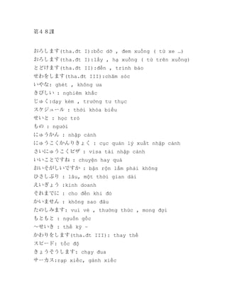 第４８課

おろします(tha.đt I):bốc dỡ , đem xuống ( từ xe …)
おろします(tha.đt I):lấy , hạ xuống ( từ trên xuống)
とどけます(tha.đt II):đến , trình báo
せわをします(tha.đt III):chăm sóc
いやな: ghét , không ưa
きびしい : nghiêm khắc
じゅく:dạy kèm , trường tư thục
スケジュール : thời khóa biểu
せいと : học trò
もの : người
にゅうかん : nhập cảnh
にゅうこくかんりきょく : cục quản lý xuất nhập cảnh
さいにゅうこくビザ : visa tái nhập cảnh
いいことですね : chuyện hay quá
おいそがしいですか : bận rộn lắm phải không
ひさしぶり : lâu, một thời gian dài
えいぎょう :kinh doanh
それまでに : cho đến khi đó
かいません : không sao đâu
たのしみます: vui vẻ , thưởng thức , mong đợi
もともと : nguồn gốc
～せいき : thế kỷ ~
かわりをします(tha.đt III): thay thế
スピード: tốc độ
きょうそうします: chạy đua
サーカス:rạp xiếc, gánh xiếc

 