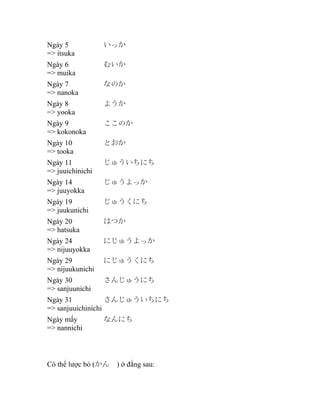 Ngày 5
=> itsuka

いっか

Ngày 6
=> muika

むいか

Ngày 7
=> nanoka

なのか

Ngày 8
=> yooka

ようか

Ngày 9
=> kokonoka

ここのか

Ngày 10
=> tooka

とおか

Ngày 11
=> juuichinichi

じゅういちにち

Ngày 14
=> juuyokka

じゅうよっか

Ngày 19
=> juukunichi

じゅうくにち

Ngày 20
=> hatsuka

はつか

Ngày 24
=> nijuuyokka

にじゅうよっか

Ngày 29
=> nijuukunichi

にじゅうくにち

Ngày 30
=> sanjuunichi

さんじゅうにち

Ngày 31
さんじゅういちにち
=> sanjuuichinichi
Ngày mấy
=> nannichi

なんにち

Có thể lược bỏ (かん

) ở đằng sau:

 