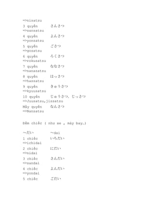 =>nisatsu
3 quyển
=>sansatsu

さんさつ

4 quyển
=>yonsatsu

よんさつ

5 quyển
=>gosatsu

ごさつ

6 quyển
=>rokusatsu

ろくさつ

7 quyển
=>nanasatsu

ななさつ

8 quyển
=>hassatsu

はっさつ

9 quyển
=>kyuusatsu

きゅうさつ

10 quyển
じゅうさつ、じっさつ
=>Juusatsu,jissatsu
Mấy quyển
=>Nansatsu

なんさつ

Đếm chiếc ( như xe , máy bay…)
～だい

～dai

1 chiếc
=>ichidai

いちだい

2 chiếc
=>nidai

にだい

3 chiếc
=>sandai

さんだい

4 chiếc
=>yondai

よんだい

5 chiếc

ごだい

 