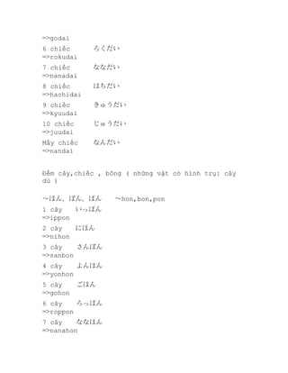 =>godai
6 chiếc
=>rokudai

ろくだい

7 chiếc
=>nanadai

ななだい

8 chiếc
=>hachidai

はちだい

9 chiếc
=>kyuudai

きゅうだい

10 chiếc
=>juudai

じゅうだい

Mấy chiếc
=>nandai

なんだい

Đếm cây,chiếc , bông ( những vật có hình trụ: cây
dù )
～ほん、ぼん、ぽん　　～hon,bon,pon
1 cây　　いっぽん
=>ippon
2 cây　　にほん
=>nihon
3 cây
さんぼん
=>sanbon
4 cây
よんほん
=>yonhon
5 cây
=>gohon

ごほん

6 cây
ろっぽん
=>roppon
7 cây
ななほん
=>nanahon

 