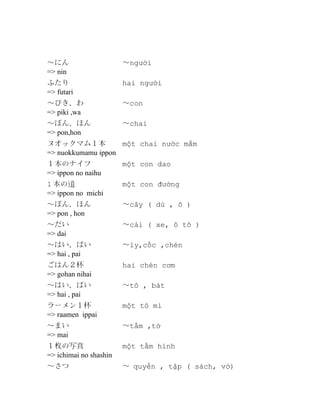 ～にん
=> nin

～người

ふたり
=> futari

hai người

～ぴき、わ
=> piki ,wa

～con

～ぽん、ほん
=> pon,hon

～chai

ヌオックマム１本
một chai nước mắm
=> nuokkumamu ippon
１本のナイフ
=> ippon no naihu

một con dao

1 本の道
=> ippon no michi

một con đường

～ぽん、ほん
=> pon , hon

～cây ( dù , ô )

～だい
=> dai

～cái ( xe, ô tô )

～はい、ぱい
=> hai , pai

～ly,cốc ,chén

ごはん２杯
=> gohan nihai

hai chén cơm

～はい、ぱい
=> hai , pai

～tô , bát

ラーメン１杯
=> raamen ippai

một tô mì

～まい
=> mai

～tấm ,tờ

１枚の写真
=> ichimai no shashin

một tấm hình

～さつ

～ quyển , tập ( sách, vở)

 
