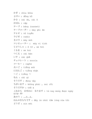 かぎ : chìa khóa
とけい : đồng hồ
かさ : cái dù, cái ô
かばん : cặp
テープ : băng (casset)
テープコーダー : máy ghi âm
テレビ : vô tuyến
ラジオ : radio
カメラ : máy ảnh
コンピューター :

máy vi tính

じどうしゃ : ô tô , xe hơi
くるま : xe hơi
つくえ : cái bàn
いす : cái ghế
チョコレート : socola
コーヒー : caphe
えいご : tiếng anh
にほんご : tiếng nhật
～ご : tiếng ～
なん : cái gì
そうです : đúng vậy
ちがいます : không phải , sai rồi
そうですか : thế à
これから　おせわに　なります : từ nay mong được ngày
giúp đỡ
あのう : ……ờ….à…
ほんのきもちです : đây là chút tấm lòng của tôi
どうぞ : xin mời

 