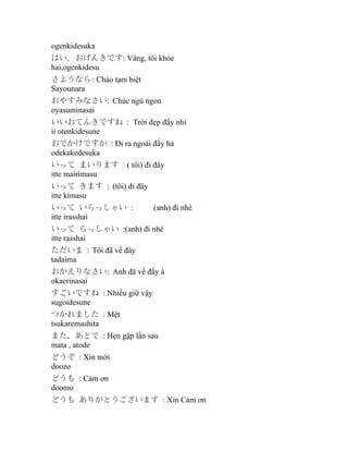 ogenkidesuka
はい、おげんきです: Vâng, tôi khỏe
hai,ogenkidesu
さようなら : Chào tạm biệt
Sayounara
おやすみなさい: Chúc ngủ ngon
oyasuminasai
いいおてんきですね : Trời đẹp đấy nhỉ
ii otenkidesune
おでかけですか : Đi ra ngoài đấy hả
odekakedesuka
いって まいります : ( tôi) đi đây
itte mairimasu
いって きます : (tôi) đi đây
itte kimasu
いって いらっしゃい :
itte irasshai

(anh) đi nhé

いって らっしゃい :(anh) đi nhé
itte rasshai
ただいま : Tôi đã về đây
tadaima
おかえりなさい: Anh đã về đấy à
okaerinasai
すごいですね : Nhiều giữ vậy
sugoidesune
つかれました : Mệt
tsukaremashita
また、あとで : Hẹn gặp lần sau
mata , atode
どうぞ : Xin mời
doozo
どうも : Cảm ơn
doomo
どうも ありがとうございます : Xin Cảm ơn

 
