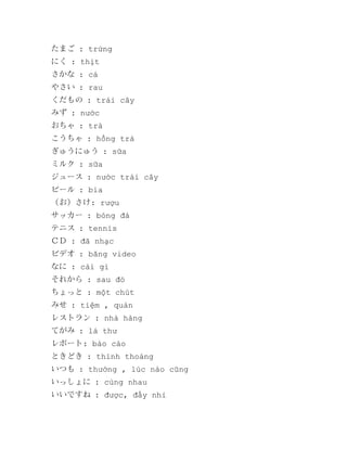たまご : trứng
にく : thịt
さかな : cá
やさい : rau
くだもの : trái cây
みず : nước
おちゃ : trà
こうちゃ : hồng trà
ぎゅうにゅう : sữa
ミルク : sữa
ジュース : nước trái cây
ビール : bia
（お）さけ: rượu
サッカー : bóng đá
テニス : tennis
ＣＤ : đã nhạc
ビデオ : băng video
なに : cái gì
それから : sau đó
ちょっと : một chút
みせ : tiệm , quán
レストラン : nhà hàng
てがみ : lá thư
レポート: báo cáo
ときどき : thỉnh thoảng
いつも : thường , lúc nào cũng
いっしょに : cùng nhau
いいですね : được, đấy nhỉ

 