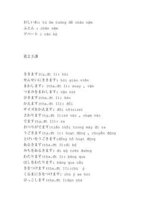 おしいれ: tủ ôm tường để chăn nệm
ふとん : chăn nệm
アパート : căn hộ

第２３課

ききます(tự.đt I): hỏi
せんせいにききます: hỏi giáo viên
まわします: (tha.đt I): xoay , vặn
つまみをまわします: vặn nút
ひきます(tha.đt I): kéo
かえます(tha.đt II): đổi
サイズをかえます: đổi cỡ(size)
さわります(tự.đt I):sờ vào , chạm vào
でます(tự.đt II): ra
おつりがでます:tiền thối trong máy đi ra
うごきます(tự.đt I): hoạt động , chuyển động
とけいをうごきます:đồng hồ hoạt động
あるきます(tha.đt I):đi bộ
みちをあるきます: đi bộ trên đường
わたります(tha.đt I): băng qua
はしをわたります: băng qua cầu
きをつけます(tha.đt II):chú

ý

くるまにきをつけます: chú ý xe hơi
ひっこします(tha.đt I)dọn nhà

 