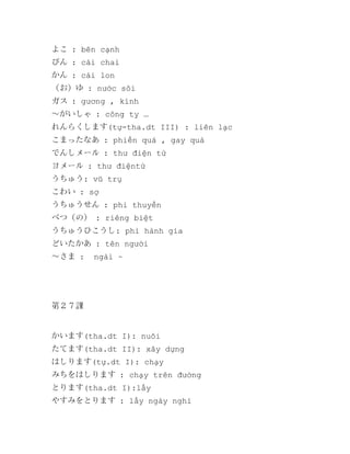 よこ : bên cạnh
びん : cái chai
かん : cái lon
（お）ゆ : nước sôi
ガス : gương , kính
～がいしゃ : công ty …
れんらくします(tự-tha.dt III) : liên lạc
こまったなあ : phiền quá , gay quá
でんしメール : thư điện tử
ヨメール : thư điệntử
うちゅう: vũ trụ
こわい : sợ
うちゅうせん : phi thuyền
べつ（の） : riêng biệt
うちゅうひこうし: phi hành gia
どいたかあ : tên người
～さま :

ngài ~

第２７課

かいます(tha.dt I): nuôi
たてます(tha.dt II): xây dựng
はしります(tự.dt I): chạy
みちをはしります : chạy trên đường
とります(tha.dt I):lấy
やすみをとります : lấy ngày nghỉ

 