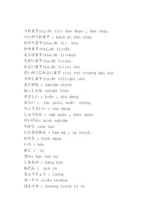 うれます(tự.đt II): bán được , bán chạy
パンがうれます : bánh mì bán chạy
おどります(tha.đt I):

múa

かみます(tha.dt I):cắn
えらびます(tha.đt I):chọn
ちがいます(tự.đt I):sai
かよいます(tự.đt I):lui tới
だいがくにかよいます :lui tới trường đại học
メモします(tự.đt III):ghi chú
まじめな : nghiêm chỉnh
ねっしんな :nhiệt tình
やさしい : hiền , dịu dàng
えらい :

tài giỏi, xuất

chúng

ちょうどいい : vừa đúng
しゅうかん : tập quán , thói quen
けいけん: kinh nghiệm
ちから :sức lực
にんきがある : hâm mộ , ưa thích
かたち : hình dạng
いろ : màu
あじ :

vị

ガム: kẹo cao su
しなもの : hàng hóa
ねだん :

giá cả

きゅうりょう : lương
ボーナス :tiền thưởng
ばんぐみ : chương trình ti vi

 