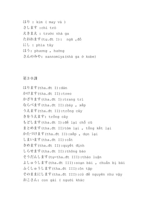 はり : kim ( may vá )
さします :chỉ trỏ
えきまえ : trước nhà ga
たおれます(tự.đt I):

ngã ,đổ

にし : phía tây
ほう: phương , hướng
さんのみや: sannomiya(nhà ga ở kobe)

第３０課
はります(tha.đt I):dán
かけます(tha.đt II):treo
かざります(tha.đt I):trang trí
ならべます(tha.đt II):bày , xếp
うえます(tha.đt II):trồng cây
きをうえます: trồng cây
もどします(tha.đt I):để lại chỗ cũ
まとめます(tha.đt II)tóm lại , tổng kết lại
かたづけます(tha.đt II):xếp , dọn lại
しまいます(tha.đt II):cất
きめます(tha.đt II):quyết định
しらせます(tha.đt II):thông báo
そうだんします(tự-tha.đt III):thảo luận
よしゅうします(tha.đt III):soạn bài , chuẩn bị bài
ふくしゅうします(tha.đt III):ôn tập
そのままにします(tha.đt III):cứ để nguyên như vậy
おこさん: con gái ( người khác

 