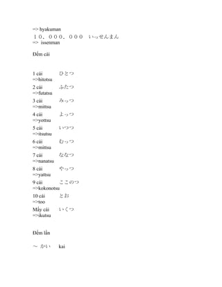 => hyakuman
１０．０００．０００　いっせんまん
=> issenman
Đếm cái

1 cái
=>hitotsu

ひとつ

2 cái
=>futatsu

ふたつ

3 cái
=>mittsu

みっつ

4 cái
=>yottsu

よっつ

5 cái
=>itsutsu

いつつ

6 cái
=>mittsu

むっつ

7 cái
ななつ
=>nanatsu
8 cái
=>yattsu

やっつ

9 cái
ここのつ
=>kokonotsu
10 cái
=>too

とお

Mấy cái
=>ikutsu

いくつ

Đếm lần
～ かい

kai

 