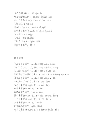 つごうがいい :

thuận lợi

つごうがわるい : không thuận lợi
こどもたち : bọn trẻ , trẻ con
じゆうに : tự do
せかいじゅう : trên thế giới
あつまります(tự.đt I):tập trung
うつくしい : đẹp
しぜん: tự nhiên
すばらしい : tuyệt vời
きがつきます: để ý

第３２課
うんどうします(tự.đt III):vận động
せいこうします(tự.đt III):thành công
しっぱいします(tự.đt III): thất bại
しけんにしっぱいします : thất bại trong kỳ thi
ごうかくします(tự.đt III):đậu , đỗ
しけんにごうかくします: thi đậu
もどります(tự.đt I): quay lại
やみます(tự.đt I): tạnh
あめがやみます : tạnh mưa
はれます(tự.đt II): trời quang đãng
くもります(tự.đt I): trời âm u
ふきます(tự.đt I): thổi
かぜがふきます :gió thổi
なおります(tự.đt I): chuyển biến tốt

 