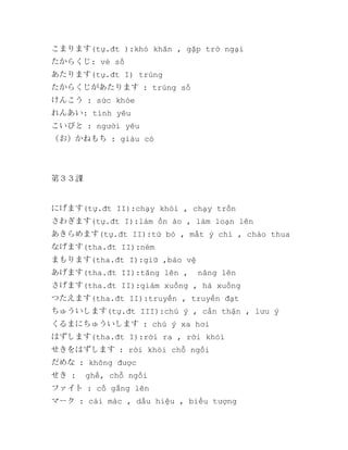 こまります(tự.đt ):khó khăn , gặp trở ngại
たからくじ: vé số
あたります(tự.đt I) trúng
たからくじがあたります : trúng số
けんこう : sức khỏe
れんあい: tình yêu
こいびと : người yêu
（お）かねもち : giàu có

第３３課

にげます(tự.đt II):chạy khỏi , chạy trồn
さわぎます(tự.đt I):làm ồn ào , làm loạn lên
あきらめます(tự.đt II):từ bỏ , mất ý chí , chào thua
なげます(tha.đt II):ném
まもります(tha.đt I):giữ ,bảo vệ
あげます(tha.đt II):tăng lên ,

nâng lên

さげます(tha.đt II):giảm xuống , hả xuống
つたえます(tha.đt II):truyền , truyền đạt
ちゅういします(tự.đt III):chú ý , cẩn thận , lưu ý
くるまにちゅういします : chú ý xa hơi
はずします(tha.đt I):rời ra , rời khỏi
せきをはずします : rời khỏi chỗ ngồi
だめな : không được
せき :

ghế, chỗ ngồi

ファイト : cố gắng lên
マーク : cái mác , dấu hiệu , biểu tượng

 