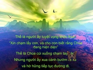 Thế là người ấy tuyệt vọng khóc than: “ Xin chạm lấy con, và cho con biết rằng Chúa đang hiện diện” Thế là Chúa cúi xuống chạm tay vào. Nhưng người ấy xua cánh bướm ra xa  và hờ hững tiếp tục đường đi. 