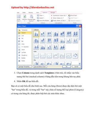 Upload by http://diendanbaclieu.net 
3. Chọn Column trong danh sách Templates ở bên trái, rồi nhấn vào biểu 
tượng thứ hai (stacked column) ở hàng đầu tiên trong khung bên tay phải. 
4. Nhấn OK để tạo biểu đồ. 
Bạn sẽ có một biểu đồ như hình sau. Mỗi cửa hàng (Store) được đại diện bởi một 
"bar" trong biểu đồ, và trong mỗi "bar" này chứa số lượng thể loại phim (Category) 
có trong cửa hàng đó, được phân biệt bởi các màu khác nhau. 
 