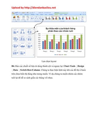 Upload by http://diendanbaclieu.net 
Lựa chọn layout 
B4. Đảo các chuỗi số liệu từ dòng thành cột và ngược lại: Chart Tools Design 
Data Switch Row/Column. Chúng ta thực hiện lệnh này khi các đồ thị ở bước 
trên chưa hiển thị đúng như mong muốn. Ví dụ chúng ta muốn nhóm các nhóm 
tuổi lại để dễ so sánh giữa các tháng với nhau. 
 