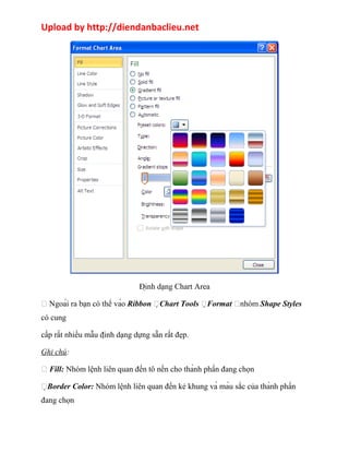 Upload by http://diendanbaclieu.net 
Định dạng Chart Area 
 Ngoài ra bạn có thể vào Ribbon Chart Tools Format nhóm Shape Styles 
có cung 
cấp rất nhiều mẫu định dạng dựng sẵn rất đẹp. 
Ghi chú: 
 Fill: Nhóm lệnh liên quan đến tô nền cho thành phần đang chọn 
Border Color: Nhóm lệnh liên quan đến kẻ khung và màu sắc của thành phần 
đang chọn 
 