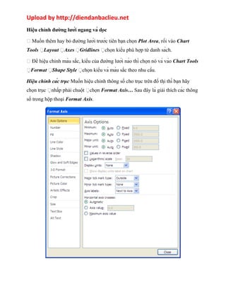 Upload by http://diendanbaclieu.net 
Hiệu chỉnh đường lưới ngang và dọc 
 Muốn thêm hay bỏ đường lưới trước tiên bạn chọn Plot Area, rồi vào Chart 
Tools Layout Axes Gridlines chọn kiểu phù hợp từ danh sách. 
 Để hiệu chỉnh màu sắc, kiểu của đường lưới nào thì chọn nó và vào Chart Tools 
Format Shape Style chọn kiểu và màu sắc theo nhu cầu. 
Hiệu chỉnh các trục Muốn hiệu chỉnh thông số cho trục trên đồ thị thì bạn hãy 
chọn trục nhấp phải chuột chọn Format Axis… Sau đây là giải thích các thông 
số trong hộp thoại Format Axis. 
 