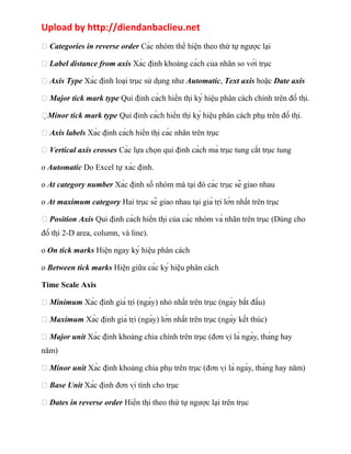 Upload by http://diendanbaclieu.net 
 Categories in reverse order Các nhóm thể hiện theo thứ tự ngược lại 
 Label distance from axis Xác định khoảng cách của nhãn so với trục 
 Axis Type Xác định loại trục sử dụng như Automatic, Text axis hoặc Date axis 
 Major tick mark type Qui định cách hiển thị ký hiệu phân cách chính trên đồ thị. 
Minor tick mark type Qui định cách hiển thị ký hiệu phân cách phụ trên đồ thị. 
 Axis labels Xác định cách hiển thị các nhãn trên trục 
 Vertical axis crosses Các lựa chọn qui định cách mà trục tung cắt trục tung 
o Automatic Do Excel tự xác định. 
o At category number Xác định số nhóm mà tại đó các trục sẽ giao nhau 
o At maximum category Hai trục sẽ giao nhau tại giá trị lớn nhất trên trục 
 Position Axis Qui định cách hiển thị của các nhóm và nhãn trên trục (Dùng cho 
đồ thị 2-D area, column, và line). 
o On tick marks Hiện ngay ký hiệu phân cách 
o Between tick marks Hiện giữa các ký hiệu phân cách 
Time Scale Axis 
 Minimum Xác định giá trị (ngày) nhỏ nhất trên trục (ngày bắt đầu) 
 Maximum Xác định giá trị (ngày) lớn nhất trên trục (ngày kết thúc) 
 Major unit Xác định khoảng chia chính trên trục (đơn vị là ngày, tháng hay 
năm) 
 Minor unit Xác định khoảng chia phụ trên trục (đơn vị là ngày, tháng hay năm) 
 Base Unit Xác định đơn vị tính cho trục 
 Dates in reverse order Hiển thị theo thứ tự ngược lại trên trục 
 