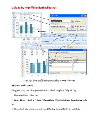 Upload by http://diendanbaclieu.net 
Minh họa thêm chuỗi dữ liệu của tháng 3/2008 vào đồ thị 
Thay đổi chuỗi số liệu 
Cũng với ví dụ trên nhưng ta muốn chỉ vẽ cho 2 sản phẩm Giày và Dép 
 Chọn đồ thị cần chỉnh sửa 
 Chart Tools Design Data Select Data. Hộp thoại Select Data Source xuất 
hiện. 
 Chọn chuỗi cần chỉnh sửa, nhấp nút Edit, hộp thoại Edit Series xuất hiện 
 