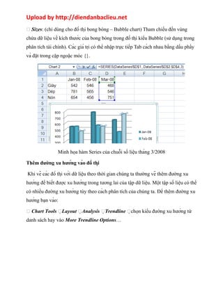 Upload by http://diendanbaclieu.net 
 Sizes: (chỉ dùng cho đồ thị bong bóng – Bubble chart) Tham chiếu đến vùng 
chứa dữ liệu về kích thước của bong bóng trong đồ thị kiểu Bubble (sử dụng trong 
phân tích tài chính). Các giá trị có thể nhập trực tiếp Tab cách nhau bằng dấu phẩy 
và đặt trong cặp ngoặc móc {}. 
Minh họa hàm Series của chuỗi số liệu tháng 3/2008 
Thêm đường xu hướng vào đồ thị 
Khi vẽ các đồ thị với dữ liệu theo thời gian chúng ta thường vẽ thêm đường xu 
hướng để biết được xu hướng trong tương lai của tập dữ liệu. Một tập số liệu có thể 
có nhiều đường xu hướng tùy theo cách phân tích của chúng ta. Để thêm đường xu 
hướng bạn vào: 
 Chart Tools Layout Analysis Trendline chọn kiểu đường xu hướng từ 
danh sách hay vào More Trendline Options… 
 