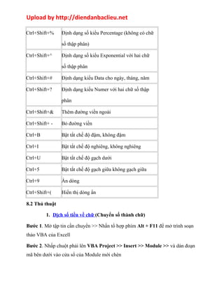 Upload by http://diendanbaclieu.net 
Ctrl+Shift+% Định dạng số kiểu Percentage (không có chữ 
số thập phân) 
Ctrl+Shift+^ Định dạng số kiểu Exponential với hai chữ 
số thập phân 
Ctrl+Shift+# Định dạng kiểu Data cho ngày, tháng, năm 
Ctrl+Shift+? Định dạng kiểu Numer với hai chữ số thập 
phân 
Ctrl+Shift+& Thêm đường viền ngoài 
Ctrl+Shift+ - Bỏ đường viền 
Ctrl+B Bật tắt chế độ đậm, không đậm 
Ctrl+I Bật tắt chế độ nghiêng, không nghiêng 
Ctrl+U Bật tắt chế độ gạch dưới 
Ctrl+5 Bật tắt chế độ gạch giữa không gạch giữa 
Ctrl+9 Ẩn dòng 
Ctrl+Shift+( Hiển thị dòng ẩn 
8.2 Thủ thuật 
1. Dịch số tiền về chữ (Chuyển số thành chữ) 
Bước 1. Mở tập tin cần chuyển >> Nhấn tổ hợp phím Alt + F11 để mở trình soạn 
thảo VBA của Excell 
Bước 2. Nhấp chuột phải lên VBA Project >> Insert >> Module >> và dán đoạn 
mã bên dưới vào cửa sổ của Module mới chèn 
 