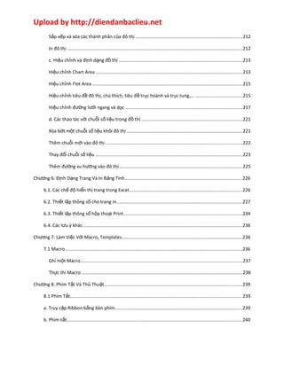 Upload by http://diendanbaclieu.net 
S p x p và xóa các ắ ế thành phâǹ của đồ thi ̣..................................................................................212 
In đồ thi ̣.......................................................................................................................................212 
c. Hiệu chỉnh và định dạng đồ thị ...............................................................................................213 
Hiệu chỉnh Chart Area .................................................................................................................213 
Hiệu chỉnh Flot Area ...................................................................................................................215 
Hiệu chỉnh tiêu đề đồ thi,̣ chú thích, tiêu đề truc̣ hoaǹh và truc̣ tung,… ....................................215 
Hiệu chỉnh đường lưới ngang và doc̣ ..........................................................................................217 
d. Các thao tác với chuỗi số liệu trong đồ thị .............................................................................221 
Xóa bớt một chuỗi số liệu khỏi đồ thi ̣.........................................................................................221 
Thêm chuỗi mới vào đồ thi ̣.........................................................................................................222 
Thay đổi chuỗi số liệu .................................................................................................................223 
Thêm đường xu hướng vào đồ thị...............................................................................................225 
Chương 6: Định Dạng Trang Và In Bảng Tính..........................................................................................226 
6.1. Các chế độ hiển thị trang trong Excel.......................................................................................226 
6.2. Thiết lập thông số cho trang in.................................................................................................227 
6.3. Thiết lập thông số hộp thoại Print...........................................................................................234 
6.4. Các lưu ý khác...........................................................................................................................236 
Chương 7: Làm Việc Với Macro, Templates............................................................................................236 
7.1 Macro........................................................................................................................................236 
Ghi một Macro.............................................................................................................................237 
Thực thi Macro ............................................................................................................................238 
Chương 8: Phím Tắt Và Thủ Thuật..........................................................................................................239 
8.1 Phím Tắt....................................................................................................................................239 
a. Truy cập Ribbon bằng bàn phím..................................................................................................239 
b. Phím tắt.......................................................................................................................................240 
 