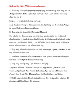 Upload by http://diendanbaclieu.net 
Để xóa một kiểu định dạng bảng đang áp dụng, trước tiên hãy chọn bảng, tại Tab 
Design vào nhóm Table Styles chọn More ( ) chọn Clear. Đến lúc này vùng 
chọn vẫn còn là 
bảng do vậy nó có các tính năng của bảng. 
Để chuyển một bảng về thành danh sách thì chọn bảng, sau đó vào Tab Design, 
tại nhóm Tools chọn Convert to Range. 
Sử dụng mẫu định dạng tài liệu (Document Themes) 
Các mẫu tài liệu dựng sẵn giúp người sử dụng tạo nên các tài liệu có dáng vẽ 
chuyên nghiệp và rất dễ sử dụng. Các biểu mẫu tài liệu được thiết kế sẵn với nhiều 
màu, font chữ, hình ảnh, đồ thị,… với nhiều hiệu ứng đẹp mắt. Ngoài ra chúng ta 
còn có thể hiệu chỉnh và chế biến các mẫu này. 
Để áp dụng biểu mẫu tài liệu bạn vào chọn nhóm Page Layout Themes Chọn 
một biểu mẫu từ danh sách. 
Có thể hiệu chỉnh biễu mẫu: vào Colors để chọn lại màu, vào Fonts để chọn lại 
kiểu Font và vào Effects để chọn lại hiệu ứng. 
Lưu ý bảng phải áp dụng Style thì mới có tác dụng. 
Tạo biểu mẫu mới Colors và Font bạn vào Page Layout Themes chọn 
Colors chọn Create New Themes Colors hay Page Layout Themes chọn 
Fonts chọn Create New Themes Fonts. Nhớ lưu lại (Save) sau khi tạo. 
Khi đổi kiểu mẫu khác đồng loạt các đối tượng được áp dụng biểu mẫu thay đổi 
định dạng và không bị thay đổi nội dung. 
 