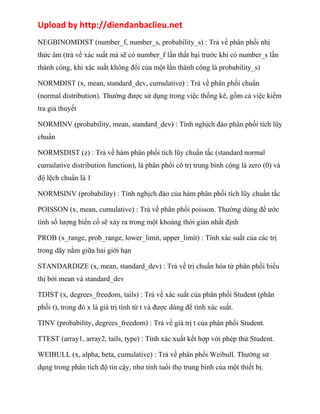 Upload by http://diendanbaclieu.net 
NEGBINOMDIST (number_f, number_s, probability_s) : Trả về phân phối nhị 
thức âm (trả về xác suất mà sẽ có number_f lần thất bại trước khi có number_s lần 
thành công, khi xác suất không đổi của một lần thành công là probability_s) 
NORMDIST (x, mean, standard_dev, cumulative) : Trả về phân phối chuẩn 
(normal distribution). Thường được sử dụng trong việc thống kê, gồm cả việc kiểm 
tra giả thuyết 
NORMINV (probability, mean, standard_dev) : Tính nghịch đảo phân phối tích lũy 
chuẩn 
NORMSDIST (z) : Trả về hàm phân phối tích lũy chuẩn tắc (standard normal 
cumulative distribution function), là phân phối có trị trung bình cộng là zero (0) và 
độ lệch chuẩn là 1 
NORMSINV (probability) : Tính nghịch đảo của hàm phân phối tích lũy chuẩn tắc 
POISSON (x, mean, cumulative) : Trả về phân phối poisson. Thường dùng để ước 
tính số lượng biến cố sẽ xảy ra trong một khoảng thời gian nhất định 
PROB (x_range, prob_range, lower_limit, upper_limit) : Tính xác suất của các trị 
trong dãy nằm giữa hai giới hạn 
STANDARDIZE (x, mean, standard_dev) : Trả về trị chuẩn hóa từ phân phối biểu 
thị bởi mean và standard_dev 
TDIST (x, degrees_freedom, tails) : Trả về xác suất của phân phối Student (phân 
phối t), trong đó x là giá trị tính từ t và được dùng để tính xác suất. 
TINV (probability, degrees_freedom) : Trả về giá trị t của phân phối Student. 
TTEST (array1, array2, tails, type) : Tính xác xuất kết hợp với phép thử Student. 
WEIBULL (x, alpha, beta, cumulative) : Trả về phân phối Weibull. Thường sử 
dụng trong phân tích độ tin cậy, như tính tuổi thọ trung bình của một thiết bị. 
 