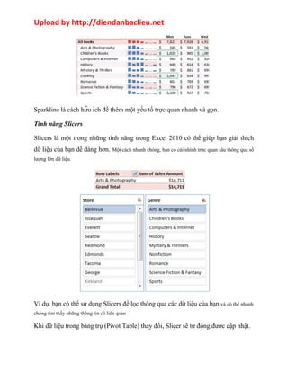 Upload by http://diendanbaclieu.net 
Sparkline là cách hữu ích để thêm một yếu tố trực quan nhanh và gọn. 
Tính năng Slicers 
Slicers là một trong những tính năng trong Excel 2010 có thể giúp bạn giải thích 
dữ liệu của bạn dễ dàng hơn. Một cách nhanh chóng, bạn có cái nhình trực quan sâu thông qua số 
lượng lớn dữ liệu. 
Ví dụ, bạn có thể sử dụng Slicers để lọc thông qua các dữ liệu của bạn và có thể nhanh 
chóng tìm thấy những thông tin có liên quan 
Khi dữ liệu trong bảng trụ (Pivot Table) thay đổi, Slicer sẽ tự động được cập nhật. 
 