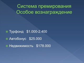  Турфонд $1.000-2.400
 Автобонус $25.000
 Недвижимость $178.000
 