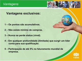 1 – Os pontos são acumulativos. 2 – Não existe mínimo de compras. 3 – Nunca se perde status (nível). 4 –  Em qualquer profundidade (ilimitada) que surgir um líder conta para sua qualificação. 5 – Participação de até 5% no faturamento mundial da empresa. Vantagens exclusivas: Vantagens 