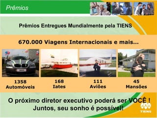 1358 Automóveis 168 Iates 111 Aviões 45 Mansões O próximo diretor executivo poderá ser VOCÊ ! Juntos, seu sonho é possível! 670.000 Viagens Internacionais e mais... Prêmios Entregues Mundialmente pela TIENS Prêmios 