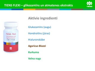 TIENS FLEXI – glikozamīns un atmatenes ekstrakts 
Aktīvie ingredienti 
Glukozamīns (augu) 
Hondroitīns (jūras) 
Hialuronskābe 
Agaricus Blazei 
Kurkuma 
Velna nags 
 