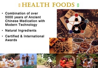  HEALTH FOODS 
• Combination of over
5000 years of Ancient
Chinese Medication with
Modern Technology
• Natural Ingredients
• Certified & International
Awards
 
